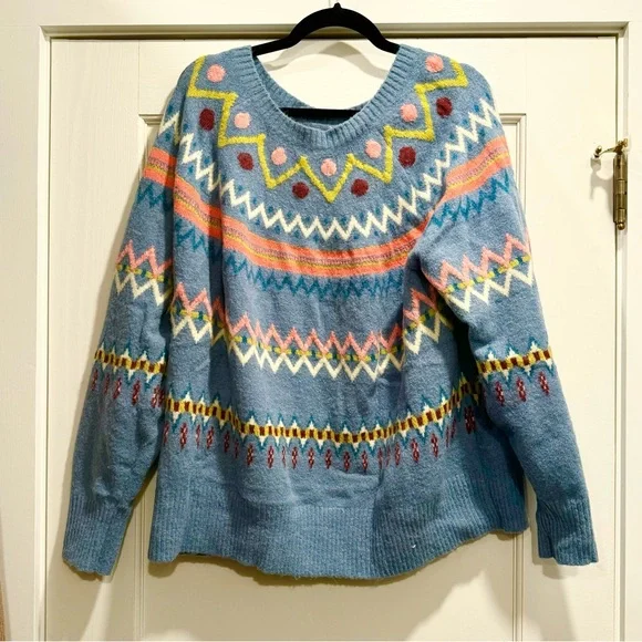 Sundance Glencoe Sweater Fair Isle Alpaca Wool Blend Blue Plus Size XXL cozy - Picture 4 of 12